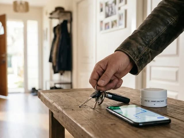 Une main saisit des clés de voiture à côté d'une boîte de gélules de CBD clairement étiquetée "Zéro THC".