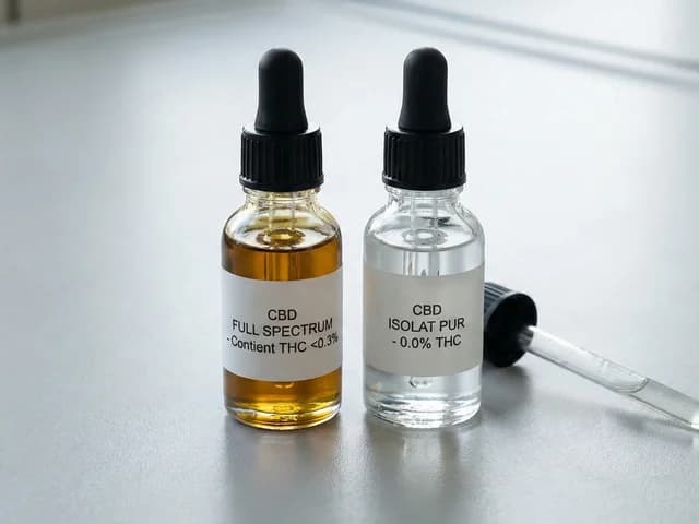 Photographie comparative de deux flacons d'huile de CBD, l'un foncé étiqueté "Full Spectrum avec traces de THC" et l'autre transparent étiqueté "Isolat Pur 0% THC"