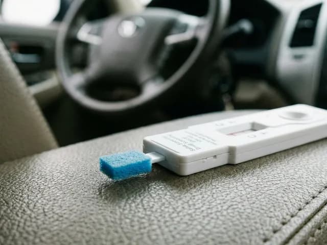 Gros plan sur un kit de test salivaire de détection de drogues posé sur le tableau de bord d'un véhicule.