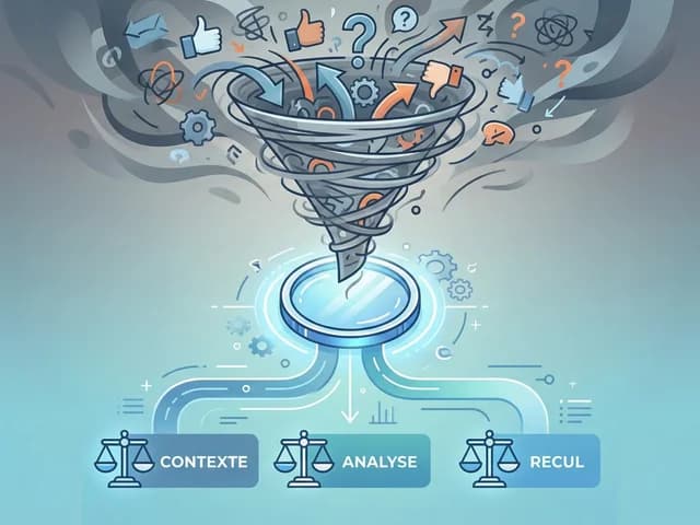 Schéma graphique illustrant le processus nécessaire pour interpréter les avis sur le CBD : un entonnoir filtre des informations brutes et désordonnées pour produire des analyses structurées étiquetées "Contexte", "Analyse" et "Recul".