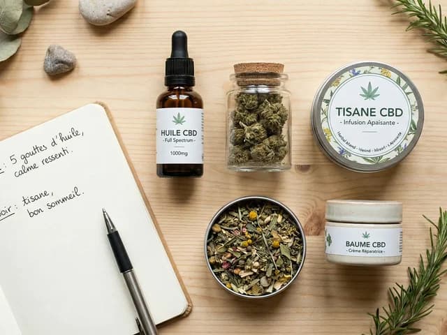 Photographie "flat lay" présentant une diversité de produits CBD (huile, fleurs de chanvre, infusion, crème) disposés sur une table en bois à côté d'un carnet de notes, illustrant une expérience personnelle et variée.