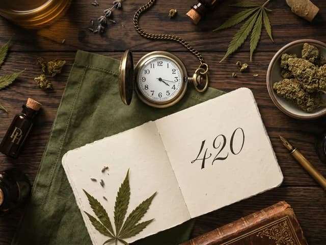 Vue en plongée d'une page de calendrier minimaliste montrant la date du 20 avril mise en évidence, avec une petite feuille de chanvre séchée posée délicatement sur la case, dans une palette de tons sauge et beige naturels.