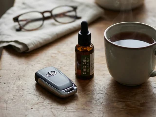 Clés de voiture posées à côté d'une huile de CBD et d'une tasse de thé.