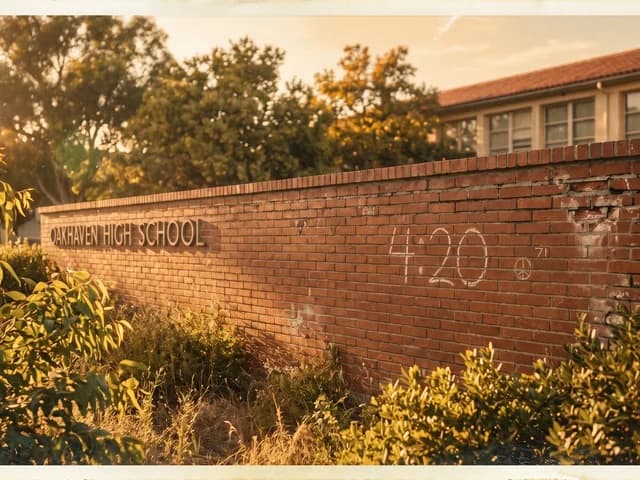 Illustration éditoriale rétro représentant la cour d'un lycée californien en 1971 au coucher du soleil, avec une statue beige de Louis Pasteur au premier plan et une lumière dorée d'automne évoquant l'ambiance nostalgique de l'époque des Waldos.