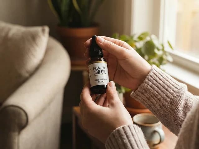 Une personne vérifie attentivement l'étiquette d'un flacon d'huile de CBD.